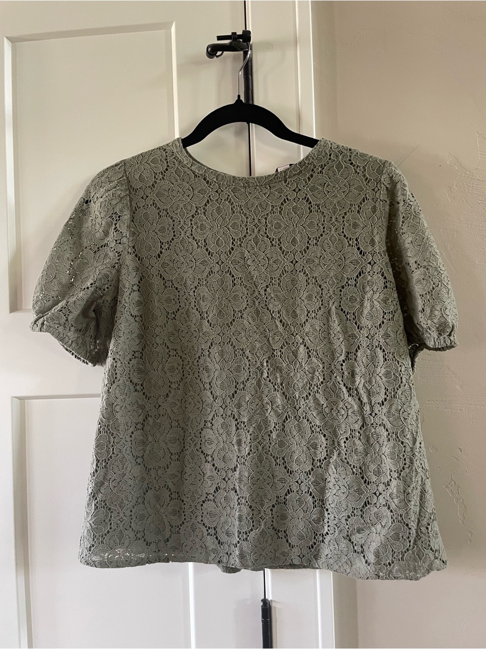 LOFT Sage Green Floral Lace Puff-Sleeve Top